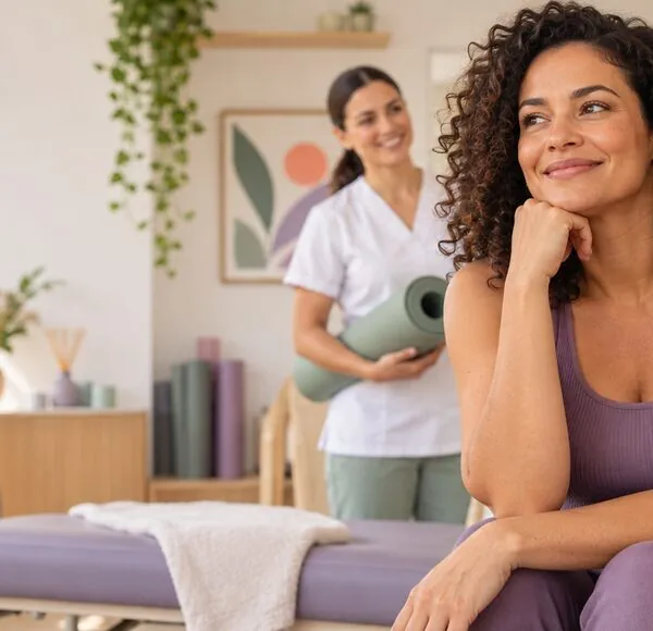 Mulher em ambiente acolhedor de saúde com profissional ao fundo