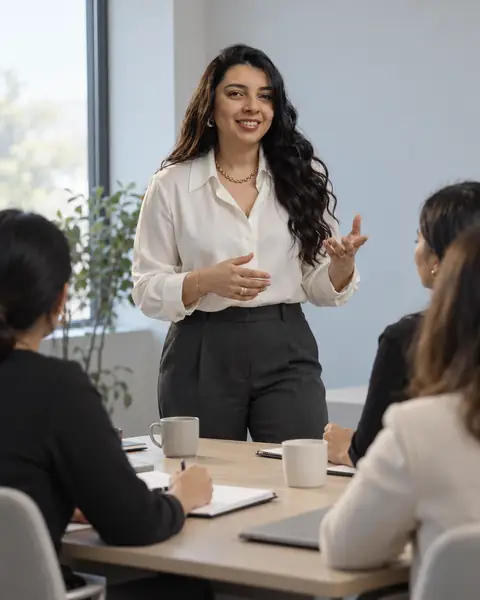 Isadora conduzindo uma reunião com a equipe de uma clínica